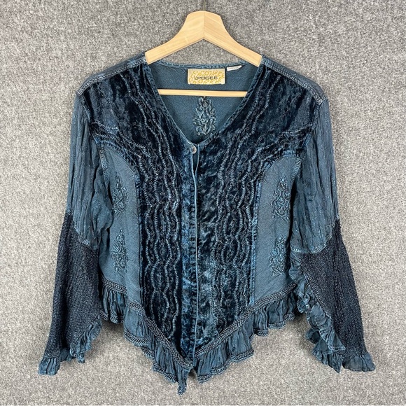 L’Pogee Whimsigoth Boho Velvet Ruffle Lace Button-Up Blouse Blue Embroidered OS - Picture 2 of 13
